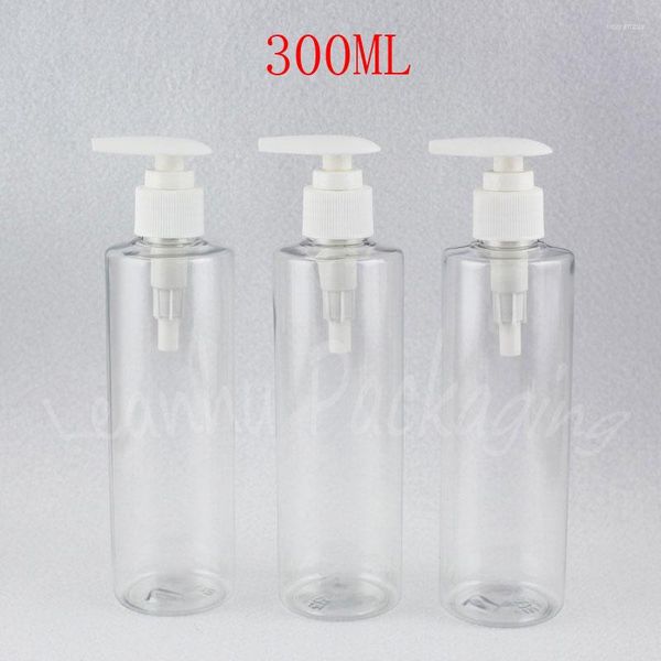 Botellas de almacenamiento, botella de plástico transparente de hombro plano de 300ML con bomba de loción, subembotellado de maquillaje de 300CC/embalaje de champú
