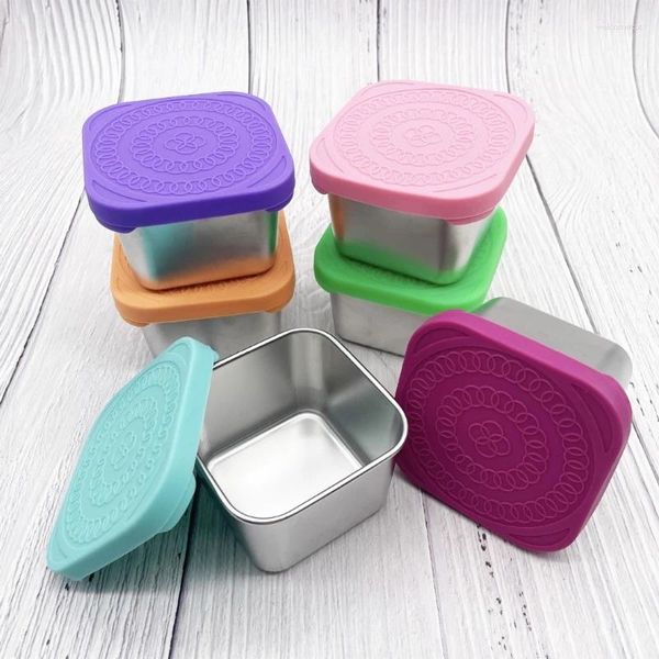 Bouteilles de rangement 304 Boîte à lunch Crisper en acier inoxydable pour enfants Récipients scellés de couvercle en silicone tasse de sauce carrée portable