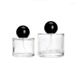 Botellas de almacenamiento 30 ml 50ml 100ml Clear Perfume Bottle Black Ball Forma Tapa Bomba de enjuague Embalaje cosmético Vidry Spray revable 8 piezas