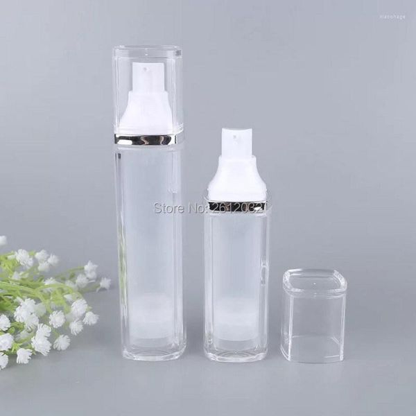 Bouteilles de stockage 30 ml 50 ml acrylique carré pompe sans air bouteille à vide articles de toilette conteneur distributeur en plastique rechargeable voyage cosmétique