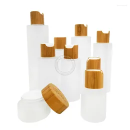 Botellas de almacenamiento 30ml 60ML 100ML 120ML Vidrio transparente esmerilado con tapa de madera de bambú Tinte labial Viales vacíos electrónicos Embalaje cosmético