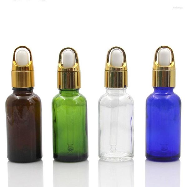 Botellas de almacenamiento 30ml Envases cosméticos Frasco Cuentagotas Aceite de esencia Tapa dorada Cabeza de goma blanca Emulsión de vidrio recargable
