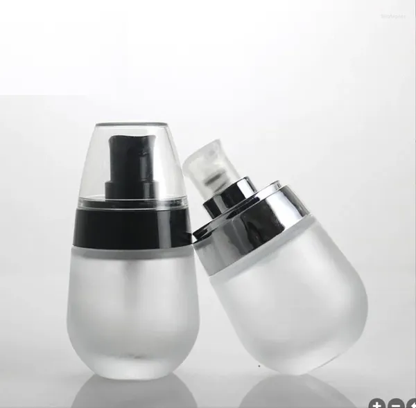 Botellas de almacenamiento 30 ml Botella de vidrio esmerilado Plata Oro Negro Bomba Loción / emulsión / base / gel / esencia Toner Aseo Cuidado de la piel Cosmético