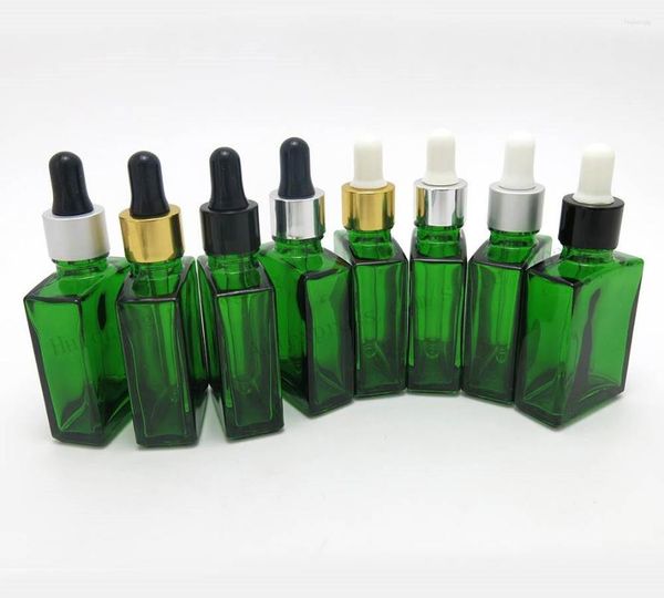 Botellas de almacenamiento 30ML Recargable Vacío Verde Botella plana Contenedor de líquido 1oz Cuentagotas de vidrio 200pcs