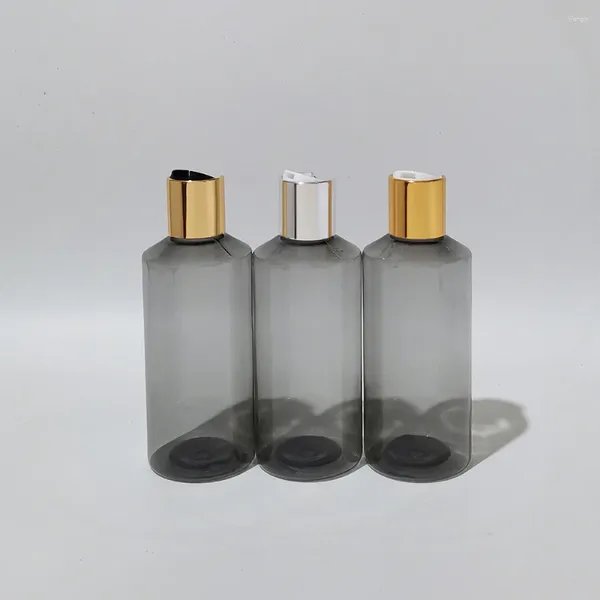 Botellas de almacenamiento 30pcs 200 ml de botella de plástico gris vacío con gorra de disco de aluminio dorada para cuidado de la piel champú ducha gel cosmético