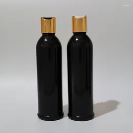 Botellas de almacenamiento 30 unids 250 ml Botella de plástico negra vacía con tapa de disco de plata dorada 250 cc PET Aceite esencial Champú Gel de ducha Embalaje cosmético