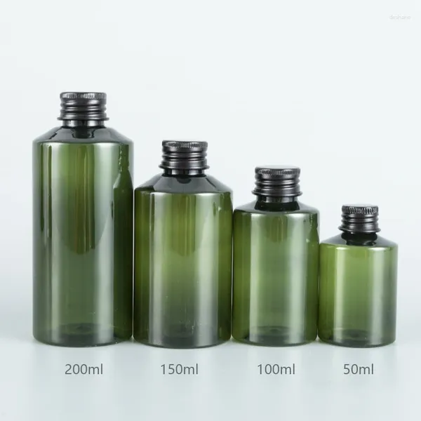 Botellas de almacenamiento 30pcs 50ml/100ml/150ml/200 ml Capa de aluminio negro botella de plástico de mascota vacío 200 ml de recipientes cosméticos perfume líquido