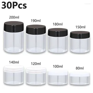 Bouteilles de rangement 30pcs 80-200 ml Pottes transparentes en plastique avec couvercle à vis Pet Round Cream Crème accessoires de voyage de maquillage rechargeable