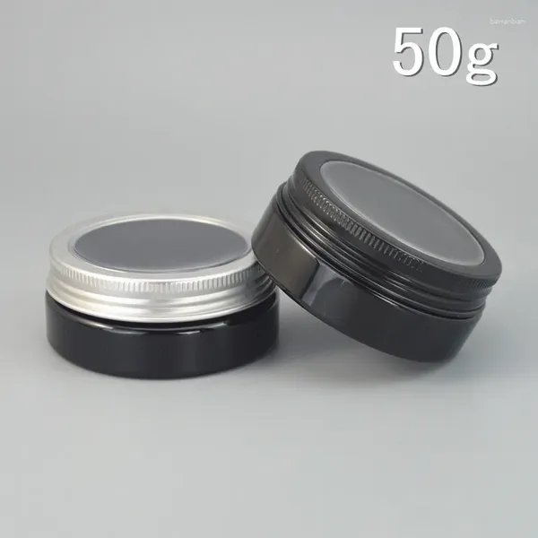 Botellas de almacenamiento 30pcs/lote 50 g de plástico negro botella cosmética ventana de aluminio recipiente recipiente de labios recipulable jarra de cera para mascotas 50ml 2024 estilo