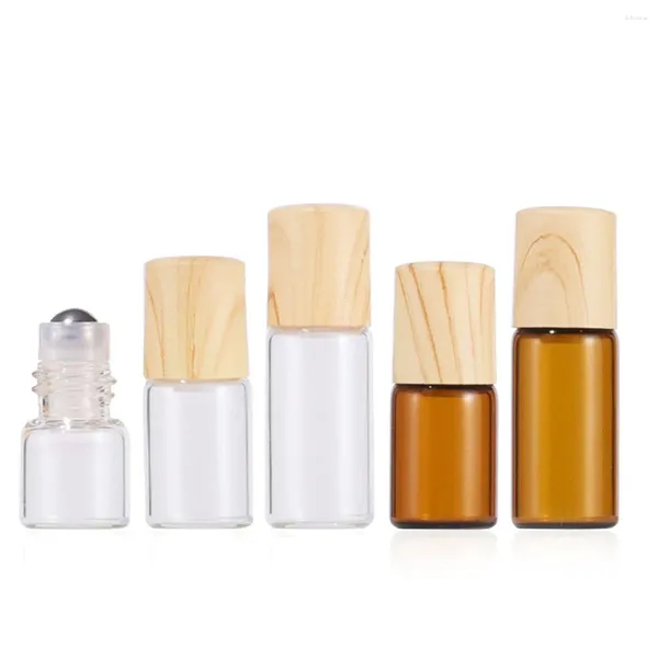 Botellas de almacenamiento 30X 100X 1ml 2ml 3ml Rollo de vidrio ámbar en botella Tapa con apariencia de madera Mini muestra Bola de rodillo Viales Aceite esencial Perfume