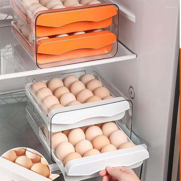 Botellas de almacenamiento 32 rejillas Caja de huevos Refrigerador Transparente Doble Cajón Tipo Contenedor Hogar Cocina Titular Gris