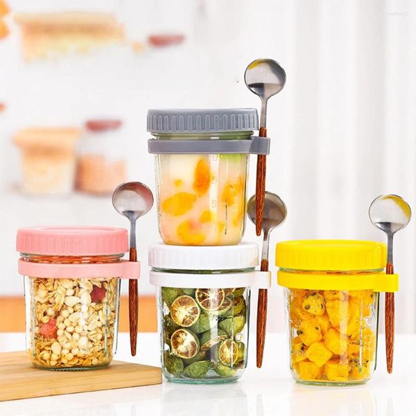 Bouteilles de stockage 350ml Coupe en verre d'avoine pendant la nuit avec cuillère Petit-déjeuner Mason Salade Can Yogourt Tumbler Résistant à la chaleur Jus Lait Alimentaire