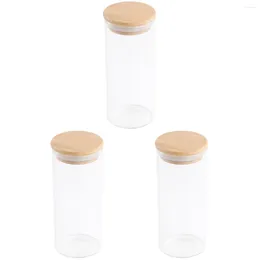 Botellas de almacenamiento 3 unids 380 ml Frasco de vidrio transparente Recipiente sellado Contenedor de alimentos para té suelto Café Grano Azúcar Sal (65 15 cm con bambú