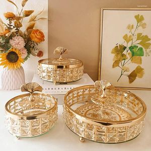 Opslagflessen 3 stks goud snoeppot kristalglas juwelen doos huis platte fruit gedroogde container met deksel ornament
