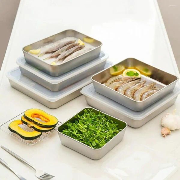 Botellas de almacenamiento 3pcs Caja de alimentos de acero inoxidable Preservación de frescura Placas cuadradas lisas con tapa para comedor doméstico