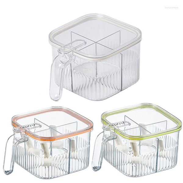 Botellas de almacenamiento Caja de condimentos de 4 rejillas Tarro de especias de plástico Compartimento múltiple Accesorios de cocina de propósito universal Contenedor de condimentos Gadgets