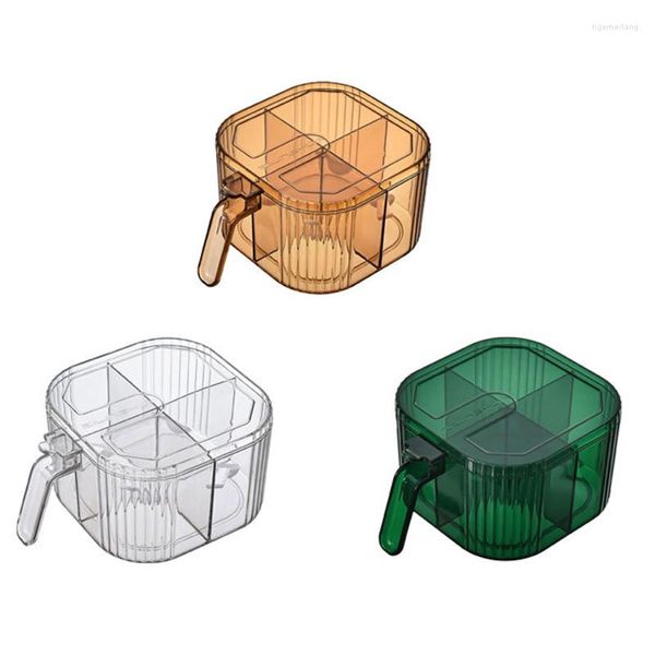 Bouteilles de stockage 4 grilles Boîte d'assaisonnement en plastique transparente avec poignée de couvercle Cuillères de service claires pour pots à épices anti-poussière CASE