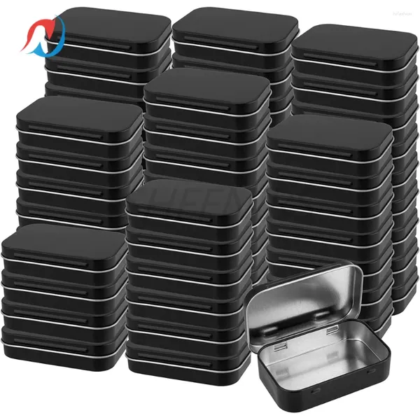 Bouteilles de stockage 40pc 3,7 x 2,4 0,8 pouces Boîtes vides en métal Petite boîte en fer blanc Couvercle noir rectangulaire à charnière portable