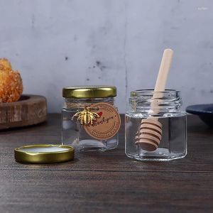 Bouteilles de rangement 45 ml hexagone mini pot en verre en bois tremblante couvercle en or pendentif de jute de jute ou petits conteneurs pour confiture de confiture miel