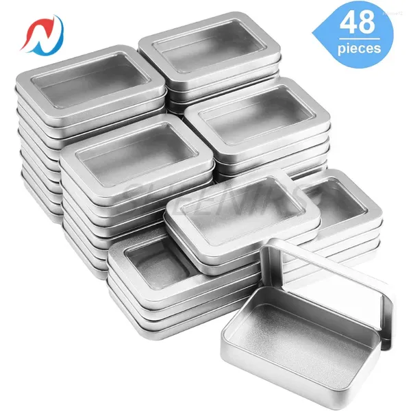 Botellas de almacenamiento 48pcs Caja de lata de metal con tapas Clear Top Top Vacy Case Rectangle Containers puede ventana grande para el regalo de la vela