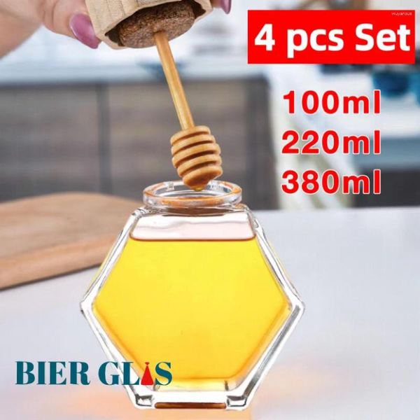 Bouteilles de stockage 4pcs / Set Pot de miel avec distributeur de Dipper Pots de bouteille en verre et bâton de Sppon pour le cadeau de désherbage Conteneur de cuisine en gros