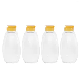 Botellas de almacenamiento, 4 Uds., botella de plástico transparente para miel, tarro de envasado de alimentos con tapa, contenedor de mermelada para el hogar (500g