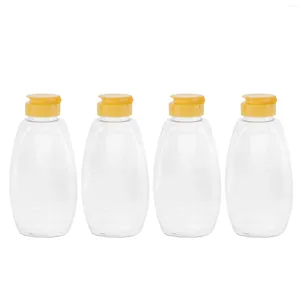 Bouteilles de rangement 4pcs en plastique transparent en plastique miel bouteille de bouteille d'emballage alimentaire avec récipient de confiture de couvercle pour la maison (500 g de verre