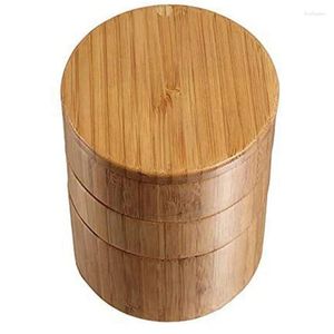 Bouteilles de stockage 4x bambou triple sel boîte bois 3 niveaux rond pour ou épices avec couvercle pivotant magnétique