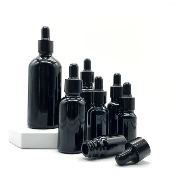 Botellas de almacenamiento 5-100ml Líquido de vidrio negro cuentagotas para contenedor cosmético de tapa de oro recargable de pipeta esencial