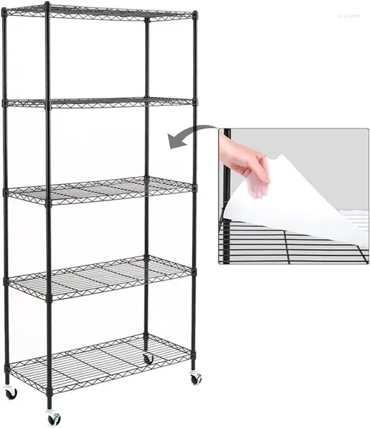 Bouteilles de rangement 5 unités de rack et roue avec ensemble de doublure de racks de fil en acier en carbone réglables (63H x 30W 14D)