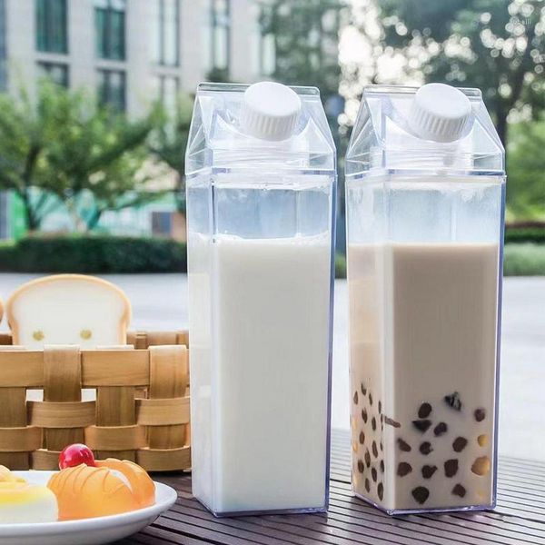 Botellas de almacenamiento de 500ML/1000ML, caja portátil transparente de agua de cartón de leche, botella cuadrada con tapa sellada reutilizable para jugo, té, leche