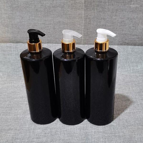 Bouteilles de stockage 500 ml 12 pcs/lot bouteille en PET noir avec pompe en aluminium doré Lotion vide/lavage des mains/shampooing/hydratant/eau pour le visage