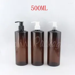 Opslagflessen 500 ml bruine platte schouder plastic fles 500cc shampoo / lotion verpakking lege cosmetische container (15 pc / perceel)