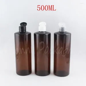 Bouteilles de rangement 500 ml de bouteille en plastique marron avec capuchon à feuilles flip top 500cc / gel de douche contenant d'emballage cosmétique (14 pc / lot)