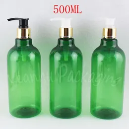 Bouteilles de rangement 500 ml bouteille en plastique vert avec pompe de lotion en or 500 cm3