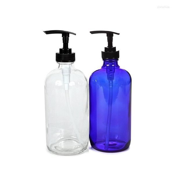 Bouteilles de stockage 500 ml de haute capacité en verre shampooing gel douche bouteille rechargeable pompe noire bleu clair flacons de lotion cosmétique portables vides