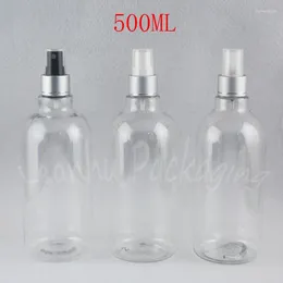 Botellas de almacenamiento 500 ml de botella de plástico transparente con bomba de pulverización plateada 500cc Tóner / agua Sub-retroceso recipiente cosmético vacío