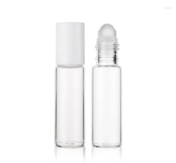 Botellas de almacenamiento 500 unids/lote 10 ml tapa blanca botella de rodillo de vidrio transparente bola vacía Perfume SN158