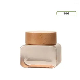 Bouteilles de rangement 50 g de verre en verre couvercle en bois Pot d'étain d'étain jour nocturne Eye Sérum Essence / masque hydratant Gel / Foundation cire Soins de peau