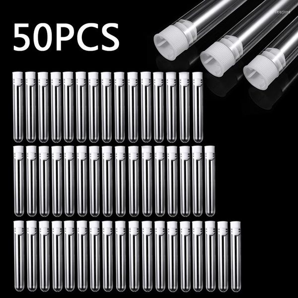 Bouteilles de stockage 50PC Tube à essai en plastique Conteneur d'échantillon à fond rond transparent avec couvercle Articles ménagers Fournitures de laboratoire 12x100mm