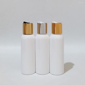 Botellas de almacenamiento, 50 Uds., 100ml, tapa superior vacía de disco dorado y plateado, plástico blanco para champú, Gel de ducha, limpiador Facial, embalaje cosmético