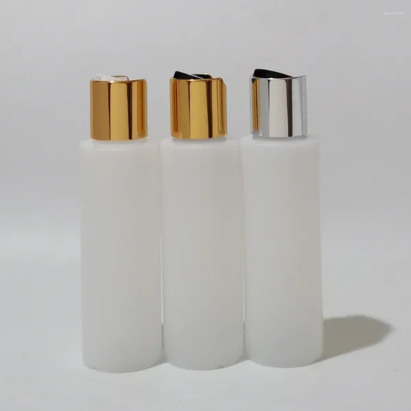 Botellas de almacenamiento 50 piezas de 100 ml de botella de plástico vacío HDPE con dorada de aluminio Disc de aluminio Tapa superior Capacitación champú de jabón líquido contenedores cosméticos