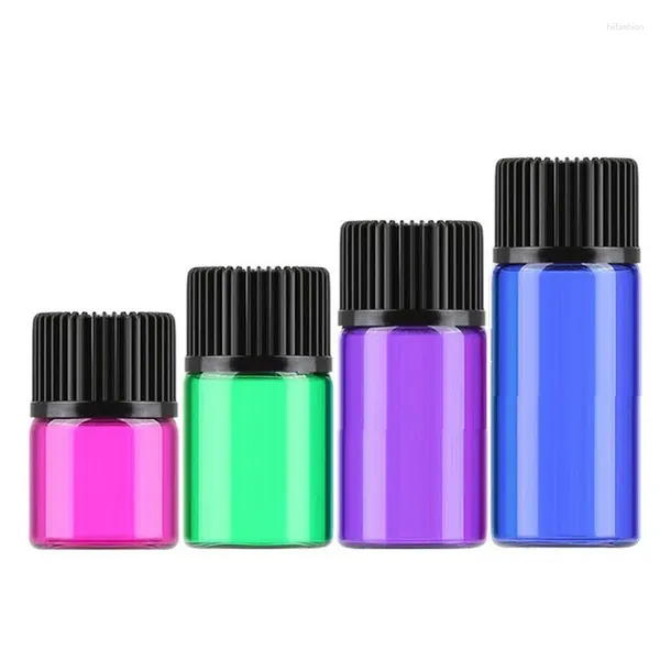 Botellas de almacenamiento 50 piezas 1 ml 2 ml 3ml 5ml mini perfume botella de vidrio colorido líquido con reductor de orificio y tapa pequeños viales de aceite esencial