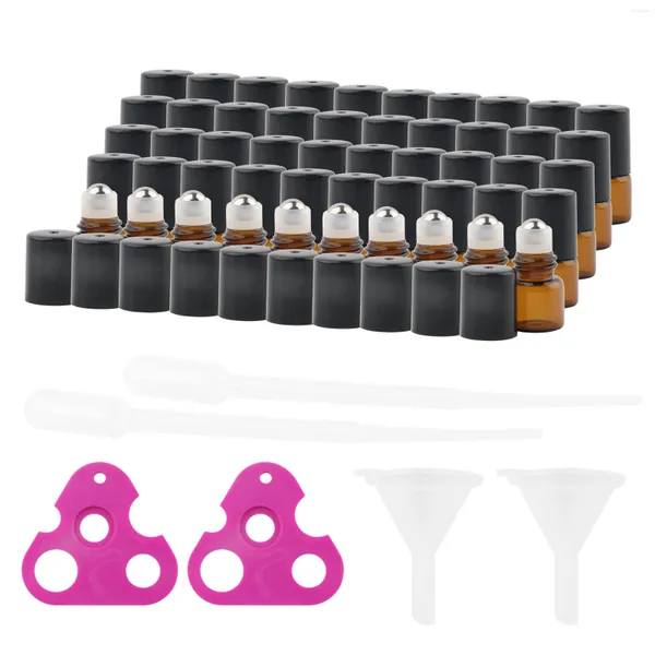 Bouteilles de stockage 50pcs 1 ml 2 ml 3 ml ambre mince rouleau de verre sur bouteille échantillon test flacons d'huile essentielle avec des outils de maquillage de boule en métal de rouleau