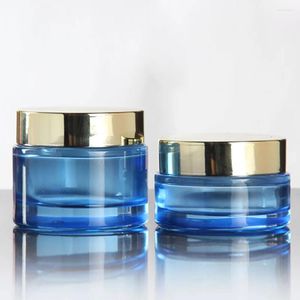 Botellas de almacenamiento 50 unids 30 g Frasco de vidrio azul vacío para crema cosmética al por mayor con tapa de tornillo de oro