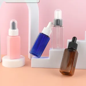 Botellas de almacenamiento 50 Uds 30ml botella cuentagotas de PET líquida cuadrada vacía 1oz contenedores transparentes ámbar rosa azul marrón para uso de aceites esenciales