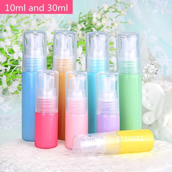 Bouteilles de rangement 50pcs / lot 10ml 30 ml Plastique Plastique mignonne Pompe de lotion bouteille macaron couleur petite récipient cosmétique rechargeable pour le voyage