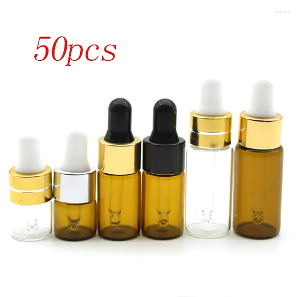 Bouteilles de rangement 50pcs / lot 1 ml 2 ml 3ml 5 ml bouteille de compte-gouttes vide portable en verre ambre d'huile essatinial à l'œil