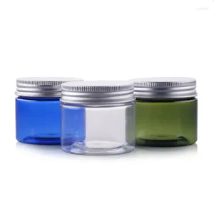 Bouteilles de rangement 50pcs / lot est arrivé 50 g de petits pots de compagnie en plastique transparents avec couvercle en aluminium Couleur en bleu