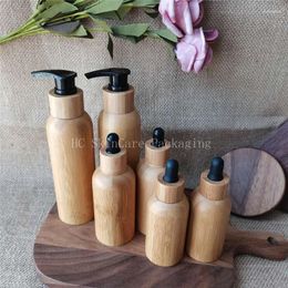 Bouteilles de rangement 50pcs / lot Luxury Skincare Cosmetic Emballage Cosmetic Vide 120 ml sérum pour visage en bois crème Bamboo Shampoo Bottle Lotion Pompe avec